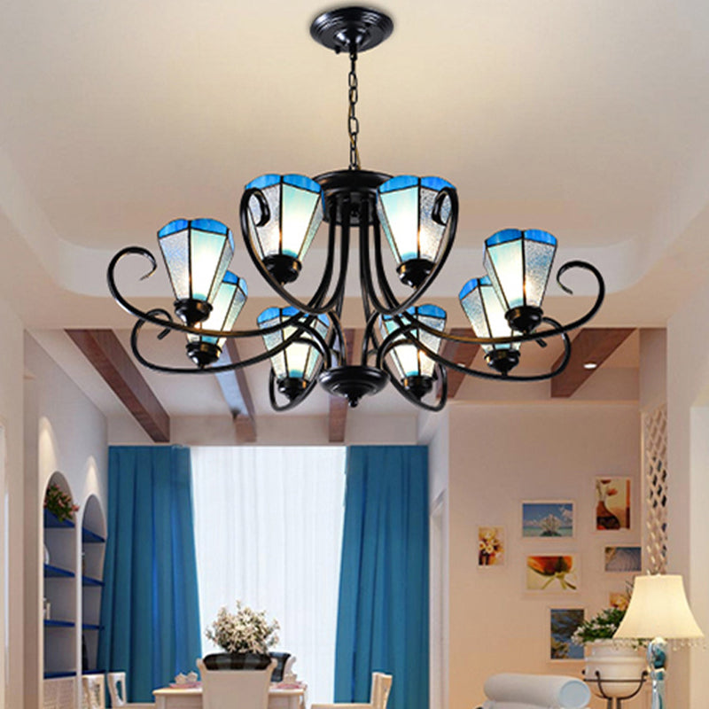 Black 3/6/8 Lights Ceiling Chandelier Baroque Blue Frosted Glass Cone Ceiling Pendant Light, 18"/27.5"/32.5" W Blue 32.5" Clearhalo 'Ceiling Lights' 'Chandeliers' 'Close To Ceiling Lights' 'Industrial' 'Middle Century Chandeliers' 'Tiffany Chandeliers' 'Tiffany close to ceiling' 'Tiffany' Lighting' 296948