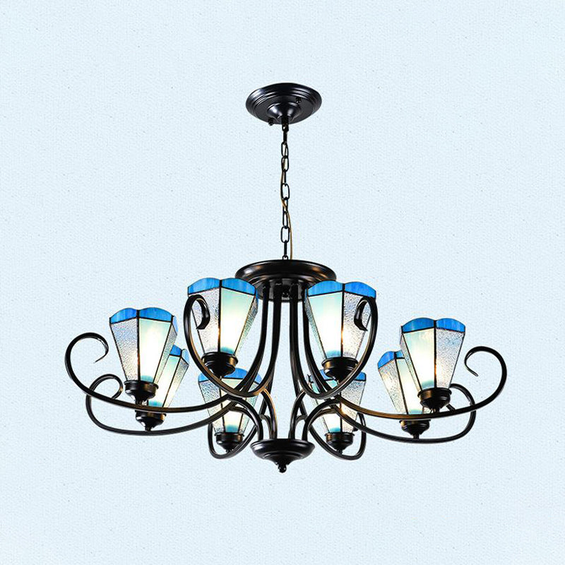Black 3/6/8 Lights Ceiling Chandelier Baroque Blue Frosted Glass Cone Ceiling Pendant Light, 18"/27.5"/32.5" W Clearhalo 'Ceiling Lights' 'Chandeliers' 'Close To Ceiling Lights' 'Industrial' 'Middle Century Chandeliers' 'Tiffany Chandeliers' 'Tiffany close to ceiling' 'Tiffany' Lighting' 296949