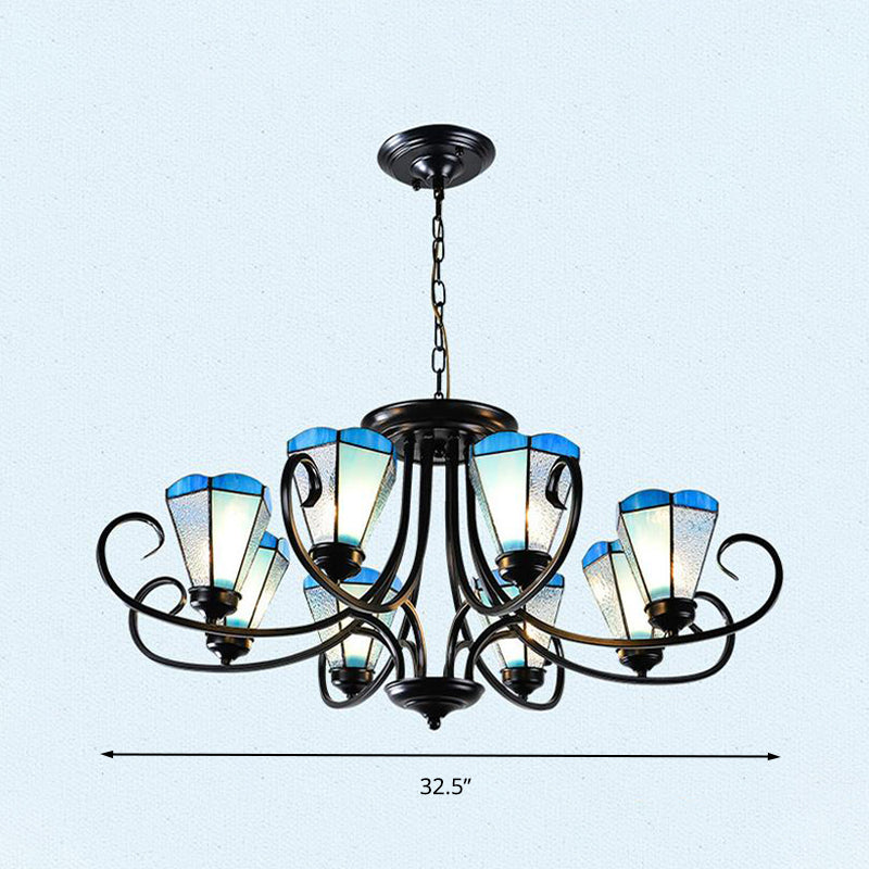 Black 3/6/8 Lights Ceiling Chandelier Baroque Blue Frosted Glass Cone Ceiling Pendant Light, 18"/27.5"/32.5" W Clearhalo 'Ceiling Lights' 'Chandeliers' 'Close To Ceiling Lights' 'Industrial' 'Middle Century Chandeliers' 'Tiffany Chandeliers' 'Tiffany close to ceiling' 'Tiffany' Lighting' 296950