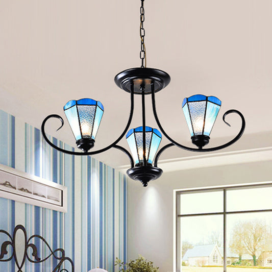 Black 3/6/8 Lights Ceiling Chandelier Baroque Blue Frosted Glass Cone Ceiling Pendant Light, 18"/27.5"/32.5" W Blue 18" Clearhalo 'Ceiling Lights' 'Chandeliers' 'Close To Ceiling Lights' 'Industrial' 'Middle Century Chandeliers' 'Tiffany Chandeliers' 'Tiffany close to ceiling' 'Tiffany' Lighting' 296951