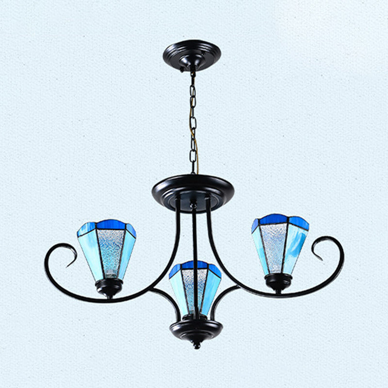 Black 3/6/8 Lights Ceiling Chandelier Baroque Blue Frosted Glass Cone Ceiling Pendant Light, 18"/27.5"/32.5" W Clearhalo 'Ceiling Lights' 'Chandeliers' 'Close To Ceiling Lights' 'Industrial' 'Middle Century Chandeliers' 'Tiffany Chandeliers' 'Tiffany close to ceiling' 'Tiffany' Lighting' 296952