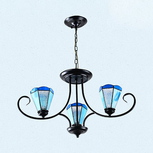 Black 3/6/8 Lights Ceiling Chandelier Baroque Blue Frosted Glass Cone Ceiling Pendant Light, 18"/27.5"/32.5" W Clearhalo 'Ceiling Lights' 'Chandeliers' 'Close To Ceiling Lights' 'Industrial' 'Middle Century Chandeliers' 'Tiffany Chandeliers' 'Tiffany close to ceiling' 'Tiffany' Lighting' 296952