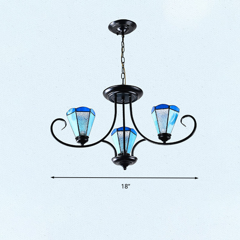 Black 3/6/8 Lights Ceiling Chandelier Baroque Blue Frosted Glass Cone Ceiling Pendant Light, 18"/27.5"/32.5" W Clearhalo 'Ceiling Lights' 'Chandeliers' 'Close To Ceiling Lights' 'Industrial' 'Middle Century Chandeliers' 'Tiffany Chandeliers' 'Tiffany close to ceiling' 'Tiffany' Lighting' 296953