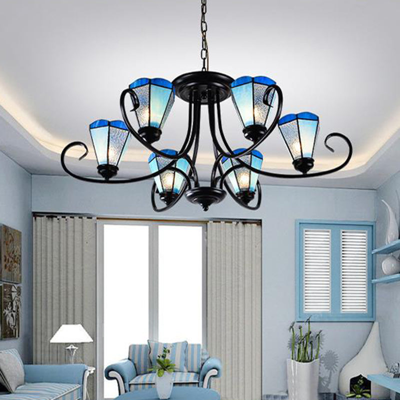 Black 3/6/8 Lights Ceiling Chandelier Baroque Blue Frosted Glass Cone Ceiling Pendant Light, 18"/27.5"/32.5" W Blue 27.5" Clearhalo 'Ceiling Lights' 'Chandeliers' 'Close To Ceiling Lights' 'Industrial' 'Middle Century Chandeliers' 'Tiffany Chandeliers' 'Tiffany close to ceiling' 'Tiffany' Lighting' 296956