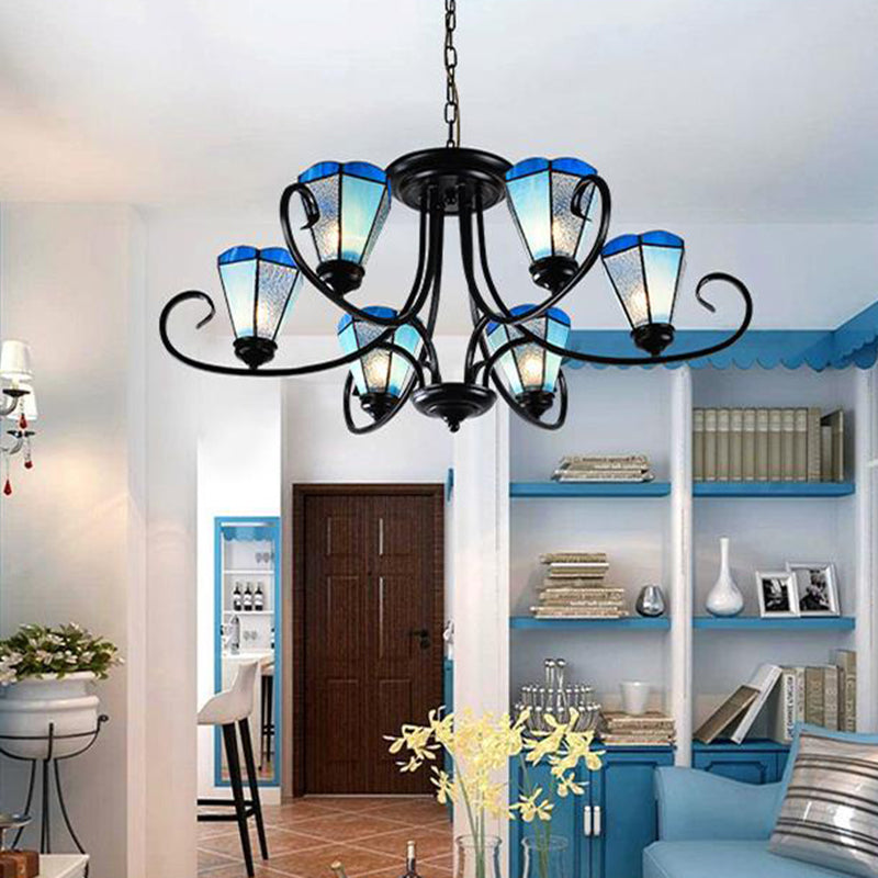 Black 3/6/8 Lights Ceiling Chandelier Baroque Blue Frosted Glass Cone Ceiling Pendant Light, 18"/27.5"/32.5" W Clearhalo 'Ceiling Lights' 'Chandeliers' 'Close To Ceiling Lights' 'Industrial' 'Middle Century Chandeliers' 'Tiffany Chandeliers' 'Tiffany close to ceiling' 'Tiffany' Lighting' 296957