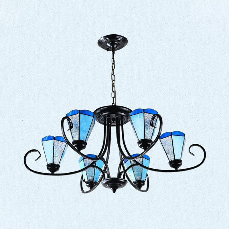 Black 3/6/8 Lights Ceiling Chandelier Baroque Blue Frosted Glass Cone Ceiling Pendant Light, 18"/27.5"/32.5" W Clearhalo 'Ceiling Lights' 'Chandeliers' 'Close To Ceiling Lights' 'Industrial' 'Middle Century Chandeliers' 'Tiffany Chandeliers' 'Tiffany close to ceiling' 'Tiffany' Lighting' 296958
