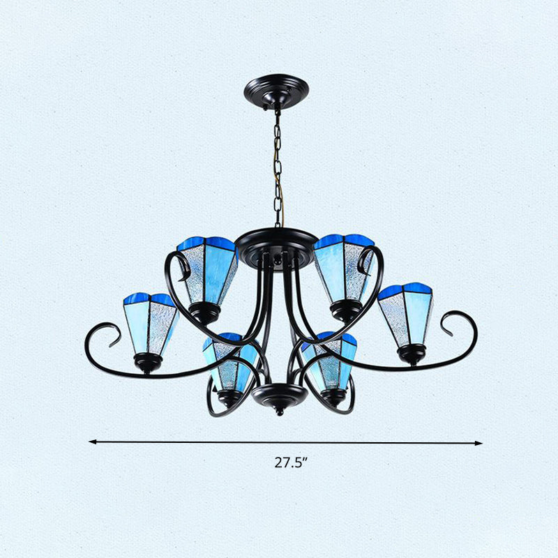 Black 3/6/8 Lights Ceiling Chandelier Baroque Blue Frosted Glass Cone Ceiling Pendant Light, 18"/27.5"/32.5" W Clearhalo 'Ceiling Lights' 'Chandeliers' 'Close To Ceiling Lights' 'Industrial' 'Middle Century Chandeliers' 'Tiffany Chandeliers' 'Tiffany close to ceiling' 'Tiffany' Lighting' 296959