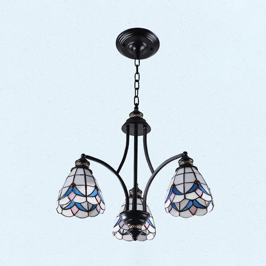 Scrolling Arm Stained Glass Chandelier Mediterranean 3/5/8 Lights Black Suspension Lighting Fixture Clearhalo 'Ceiling Lights' 'Chandeliers' 'Close To Ceiling Lights' 'Industrial' 'Middle Century Chandeliers' 'Tiffany Chandeliers' 'Tiffany close to ceiling' 'Tiffany' Lighting' 296990