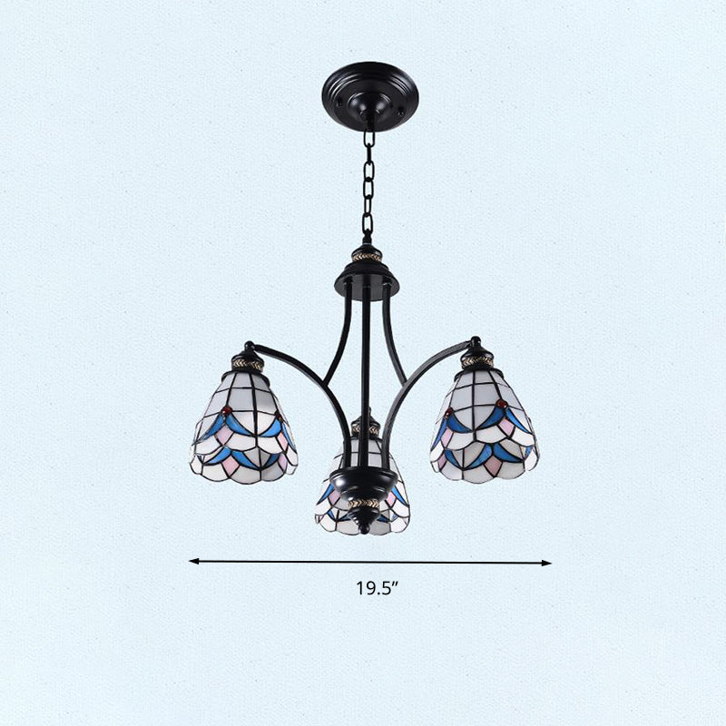Scrolling Arm Stained Glass Chandelier Mediterranean 3/5/8 Lights Black Suspension Lighting Fixture Clearhalo 'Ceiling Lights' 'Chandeliers' 'Close To Ceiling Lights' 'Industrial' 'Middle Century Chandeliers' 'Tiffany Chandeliers' 'Tiffany close to ceiling' 'Tiffany' Lighting' 296991