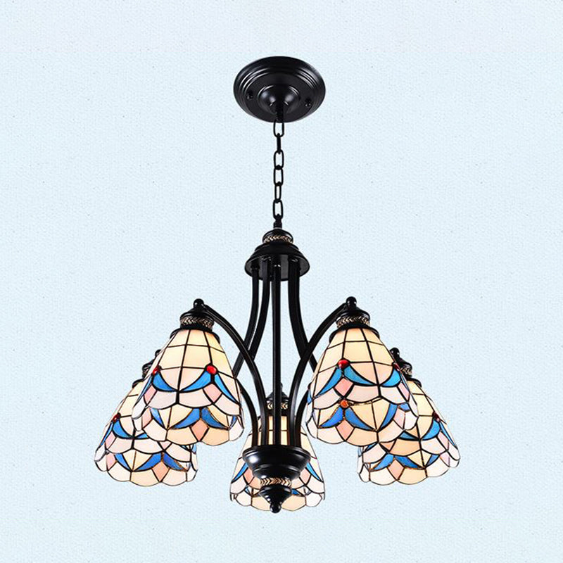 Scrolling Arm Stained Glass Chandelier Mediterranean 3/5/8 Lights Black Suspension Lighting Fixture 5 Black Clearhalo 'Ceiling Lights' 'Chandeliers' 'Close To Ceiling Lights' 'Industrial' 'Middle Century Chandeliers' 'Tiffany Chandeliers' 'Tiffany close to ceiling' 'Tiffany' Lighting' 296994