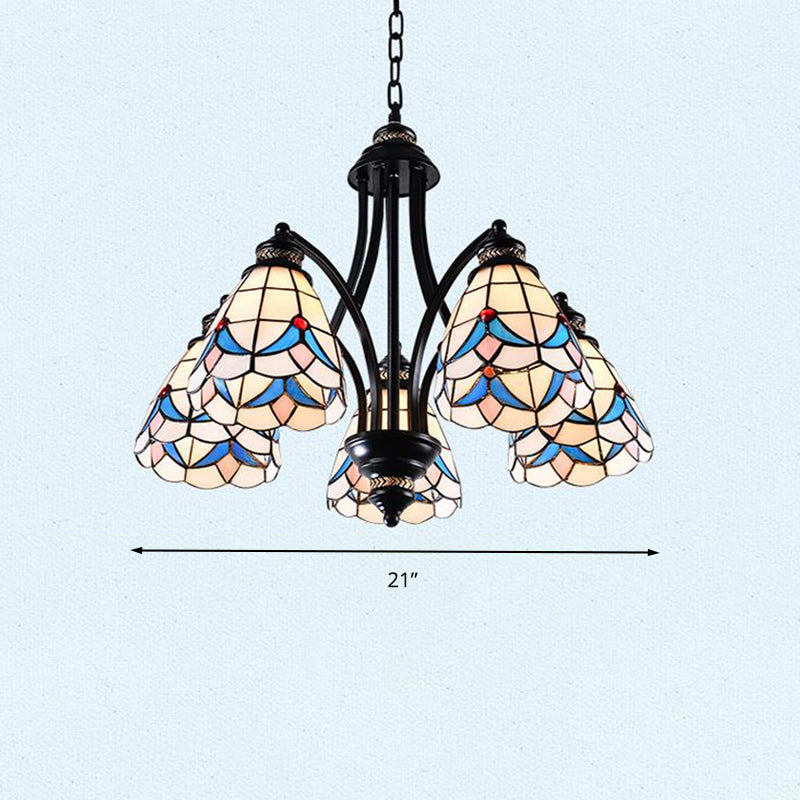 Scrolling Arm Stained Glass Chandelier Mediterranean 3/5/8 Lights Black Suspension Lighting Fixture Clearhalo 'Ceiling Lights' 'Chandeliers' 'Close To Ceiling Lights' 'Industrial' 'Middle Century Chandeliers' 'Tiffany Chandeliers' 'Tiffany close to ceiling' 'Tiffany' Lighting' 296995