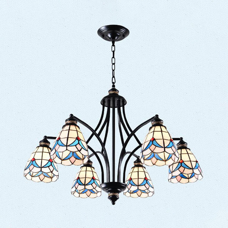 Scrolling Arm Stained Glass Chandelier Mediterranean 3/5/8 Lights Black Suspension Lighting Fixture 6 Black Clearhalo 'Ceiling Lights' 'Chandeliers' 'Close To Ceiling Lights' 'Industrial' 'Middle Century Chandeliers' 'Tiffany Chandeliers' 'Tiffany close to ceiling' 'Tiffany' Lighting' 296996