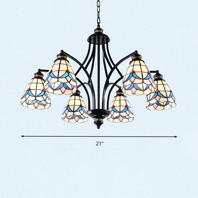 Scrolling Arm Stained Glass Chandelier Mediterranean 3/5/8 Lights Black Suspension Lighting Fixture Clearhalo 'Ceiling Lights' 'Chandeliers' 'Close To Ceiling Lights' 'Industrial' 'Middle Century Chandeliers' 'Tiffany Chandeliers' 'Tiffany close to ceiling' 'Tiffany' Lighting' 296997