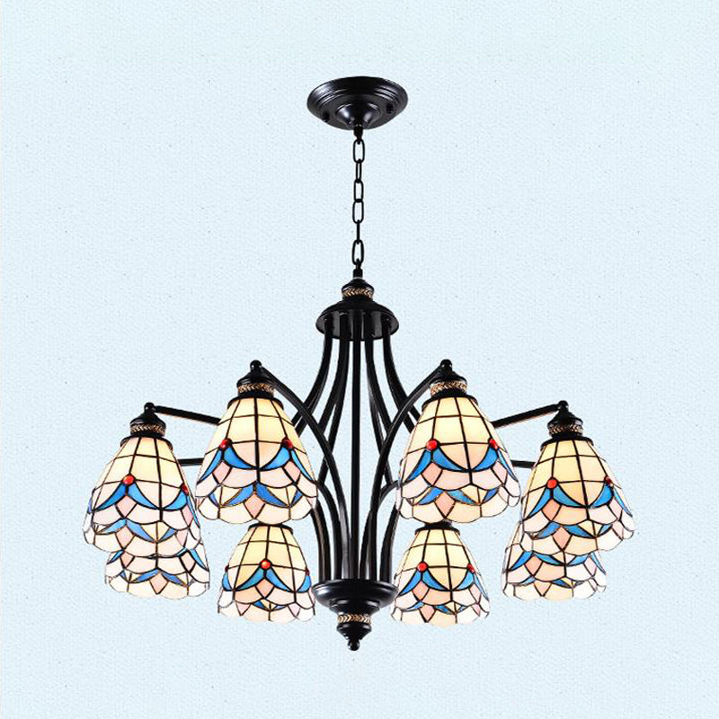 Scrolling Arm Stained Glass Chandelier Mediterranean 3/5/8 Lights Black Suspension Lighting Fixture 8 Black Clearhalo 'Ceiling Lights' 'Chandeliers' 'Close To Ceiling Lights' 'Industrial' 'Middle Century Chandeliers' 'Tiffany Chandeliers' 'Tiffany close to ceiling' 'Tiffany' Lighting' 296998