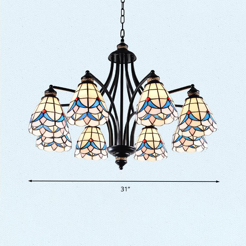 Scrolling Arm Stained Glass Chandelier Mediterranean 3/5/8 Lights Black Suspension Lighting Fixture Clearhalo 'Ceiling Lights' 'Chandeliers' 'Close To Ceiling Lights' 'Industrial' 'Middle Century Chandeliers' 'Tiffany Chandeliers' 'Tiffany close to ceiling' 'Tiffany' Lighting' 296999
