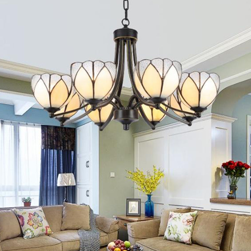 Flower Chandelier Light 3/6/8 Lights Frosted Glass Tiffany Pendant Lighting Fixture in Yellow/Red 8 Yellow Clearhalo 'Ceiling Lights' 'Chandeliers' 'Industrial' 'Middle Century Chandeliers' 'Tiffany Chandeliers' 'Tiffany close to ceiling' 'Tiffany' Lighting' 297037