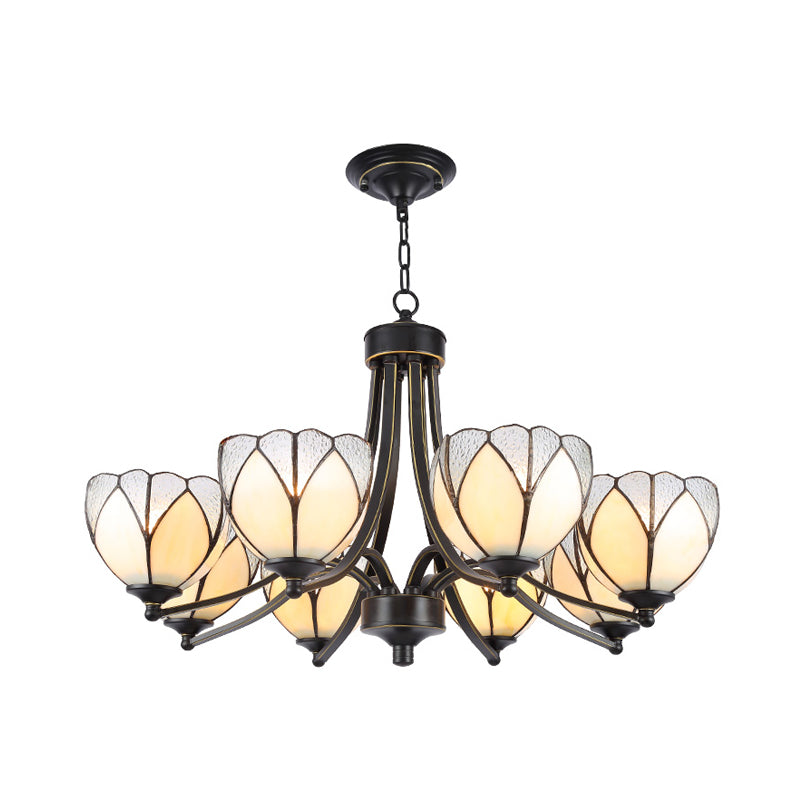 Flower Chandelier Light 3/6/8 Lights Frosted Glass Tiffany Pendant Lighting Fixture in Yellow/Red Clearhalo 'Ceiling Lights' 'Chandeliers' 'Industrial' 'Middle Century Chandeliers' 'Tiffany Chandeliers' 'Tiffany close to ceiling' 'Tiffany' Lighting' 297038