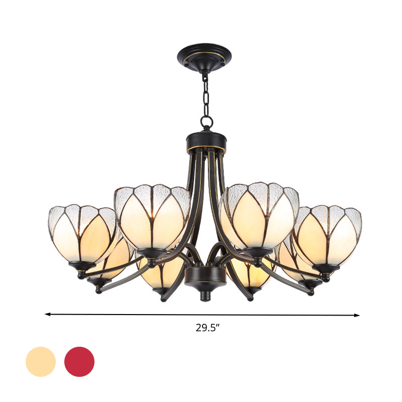 Flower Chandelier Light 3/6/8 Lights Frosted Glass Tiffany Pendant Lighting Fixture in Yellow/Red Clearhalo 'Ceiling Lights' 'Chandeliers' 'Industrial' 'Middle Century Chandeliers' 'Tiffany Chandeliers' 'Tiffany close to ceiling' 'Tiffany' Lighting' 297039