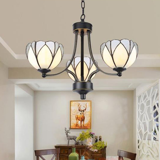 Flower Chandelier Light 3/6/8 Lights Frosted Glass Tiffany Pendant Lighting Fixture in Yellow/Red 3 Yellow Clearhalo 'Ceiling Lights' 'Chandeliers' 'Industrial' 'Middle Century Chandeliers' 'Tiffany Chandeliers' 'Tiffany close to ceiling' 'Tiffany' Lighting' 297040