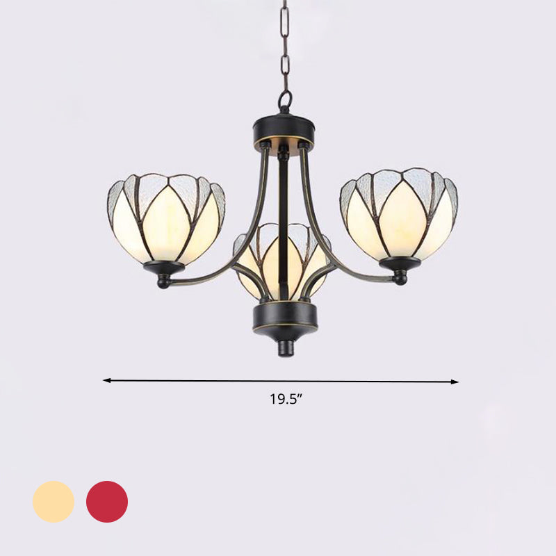 Flower Chandelier Light 3/6/8 Lights Frosted Glass Tiffany Pendant Lighting Fixture in Yellow/Red Clearhalo 'Ceiling Lights' 'Chandeliers' 'Industrial' 'Middle Century Chandeliers' 'Tiffany Chandeliers' 'Tiffany close to ceiling' 'Tiffany' Lighting' 297042