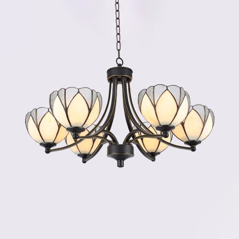 Flower Chandelier Light 3/6/8 Lights Frosted Glass Tiffany Pendant Lighting Fixture in Yellow/Red 6 Yellow Clearhalo 'Ceiling Lights' 'Chandeliers' 'Industrial' 'Middle Century Chandeliers' 'Tiffany Chandeliers' 'Tiffany close to ceiling' 'Tiffany' Lighting' 297045