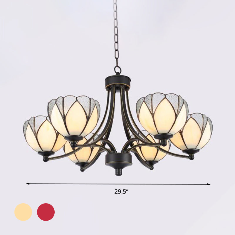 Flower Chandelier Light 3/6/8 Lights Frosted Glass Tiffany Pendant Lighting Fixture in Yellow/Red Clearhalo 'Ceiling Lights' 'Chandeliers' 'Industrial' 'Middle Century Chandeliers' 'Tiffany Chandeliers' 'Tiffany close to ceiling' 'Tiffany' Lighting' 297046
