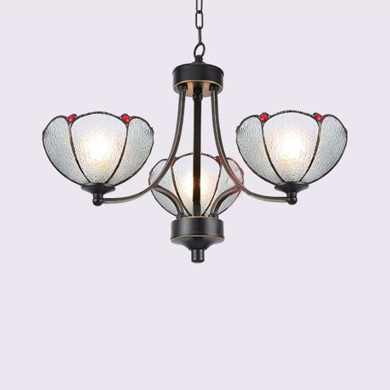 Flower Chandelier Light 3/6/8 Lights Frosted Glass Tiffany Pendant Lighting Fixture in Yellow/Red 3 Red Clearhalo 'Ceiling Lights' 'Chandeliers' 'Industrial' 'Middle Century Chandeliers' 'Tiffany Chandeliers' 'Tiffany close to ceiling' 'Tiffany' Lighting' 297047