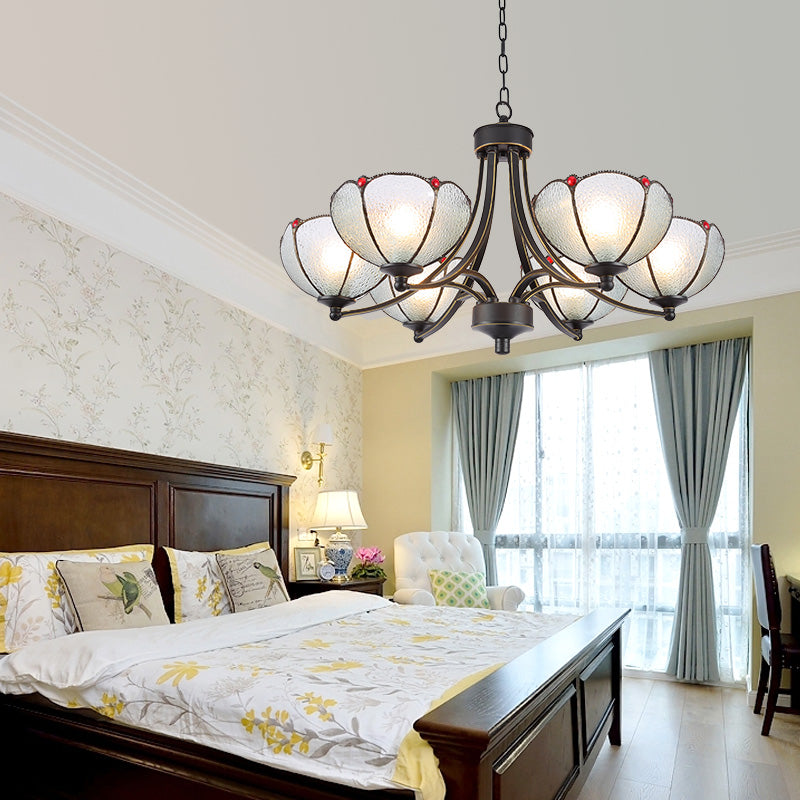 Flower Chandelier Light 3/6/8 Lights Frosted Glass Tiffany Pendant Lighting Fixture in Yellow/Red 6 Red Clearhalo 'Ceiling Lights' 'Chandeliers' 'Industrial' 'Middle Century Chandeliers' 'Tiffany Chandeliers' 'Tiffany close to ceiling' 'Tiffany' Lighting' 297048