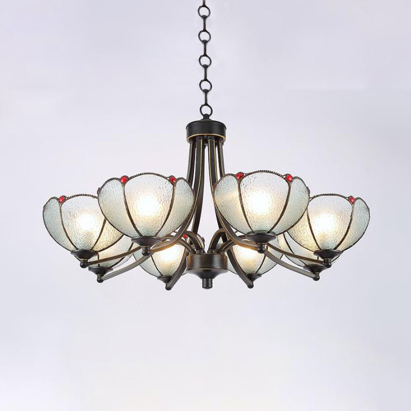 Flower Chandelier Light 3/6/8 Lights Frosted Glass Tiffany Pendant Lighting Fixture in Yellow/Red 8 Red Clearhalo 'Ceiling Lights' 'Chandeliers' 'Industrial' 'Middle Century Chandeliers' 'Tiffany Chandeliers' 'Tiffany close to ceiling' 'Tiffany' Lighting' 297049