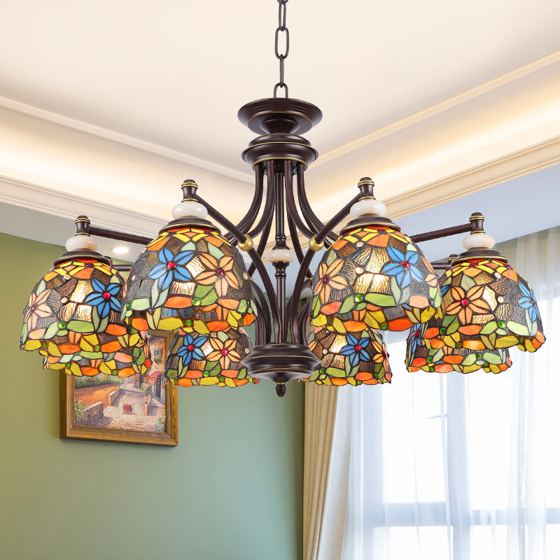Flower Chandelier Lighting Mediterranean Stained Glass 3/5/8 Lights Black Hanging Lamp Kit for Living Room 8 Black Clearhalo 'Ceiling Lights' 'Chandeliers' 'Close To Ceiling Lights' 'Industrial' 'Middle Century Chandeliers' 'Tiffany Chandeliers' 'Tiffany close to ceiling' 'Tiffany' Lighting' 297050