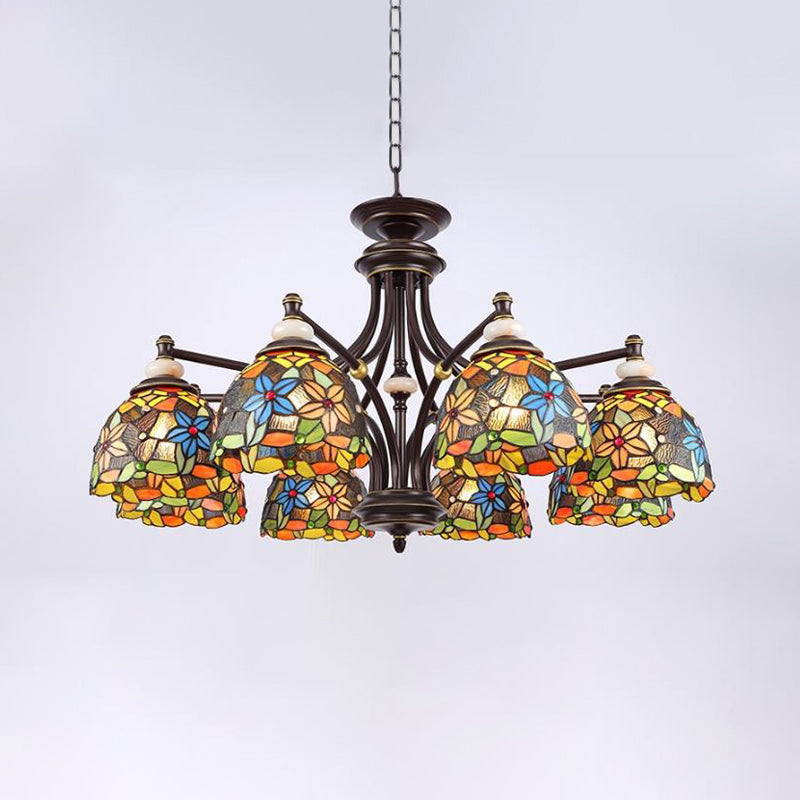 Flower Chandelier Lighting Mediterranean Stained Glass 3/5/8 Lights Black Hanging Lamp Kit for Living Room Clearhalo 'Ceiling Lights' 'Chandeliers' 'Close To Ceiling Lights' 'Industrial' 'Middle Century Chandeliers' 'Tiffany Chandeliers' 'Tiffany close to ceiling' 'Tiffany' Lighting' 297051