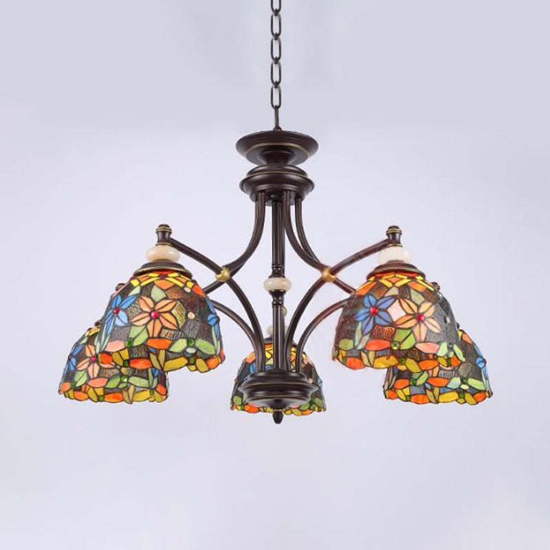 Flower Chandelier Lighting Mediterranean Stained Glass 3/5/8 Lights Black Hanging Lamp Kit for Living Room Clearhalo 'Ceiling Lights' 'Chandeliers' 'Close To Ceiling Lights' 'Industrial' 'Middle Century Chandeliers' 'Tiffany Chandeliers' 'Tiffany close to ceiling' 'Tiffany' Lighting' 297054