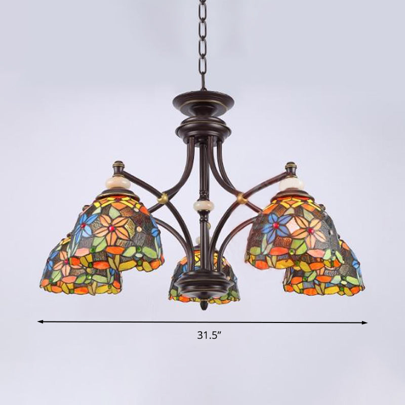 Flower Chandelier Lighting Mediterranean Stained Glass 3/5/8 Lights Black Hanging Lamp Kit for Living Room Clearhalo 'Ceiling Lights' 'Chandeliers' 'Close To Ceiling Lights' 'Industrial' 'Middle Century Chandeliers' 'Tiffany Chandeliers' 'Tiffany close to ceiling' 'Tiffany' Lighting' 297055