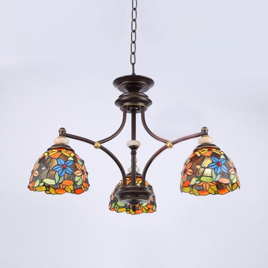 Flower Chandelier Lighting Mediterranean Stained Glass 3/5/8 Lights Black Hanging Lamp Kit for Living Room 3 Black Clearhalo 'Ceiling Lights' 'Chandeliers' 'Close To Ceiling Lights' 'Industrial' 'Middle Century Chandeliers' 'Tiffany Chandeliers' 'Tiffany close to ceiling' 'Tiffany' Lighting' 297058