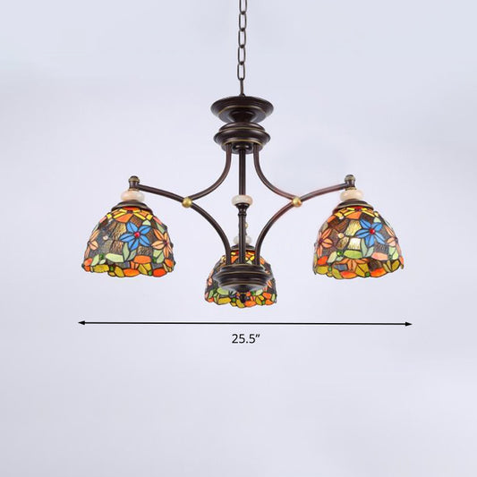 Flower Chandelier Lighting Mediterranean Stained Glass 3/5/8 Lights Black Hanging Lamp Kit for Living Room Clearhalo 'Ceiling Lights' 'Chandeliers' 'Close To Ceiling Lights' 'Industrial' 'Middle Century Chandeliers' 'Tiffany Chandeliers' 'Tiffany close to ceiling' 'Tiffany' Lighting' 297059