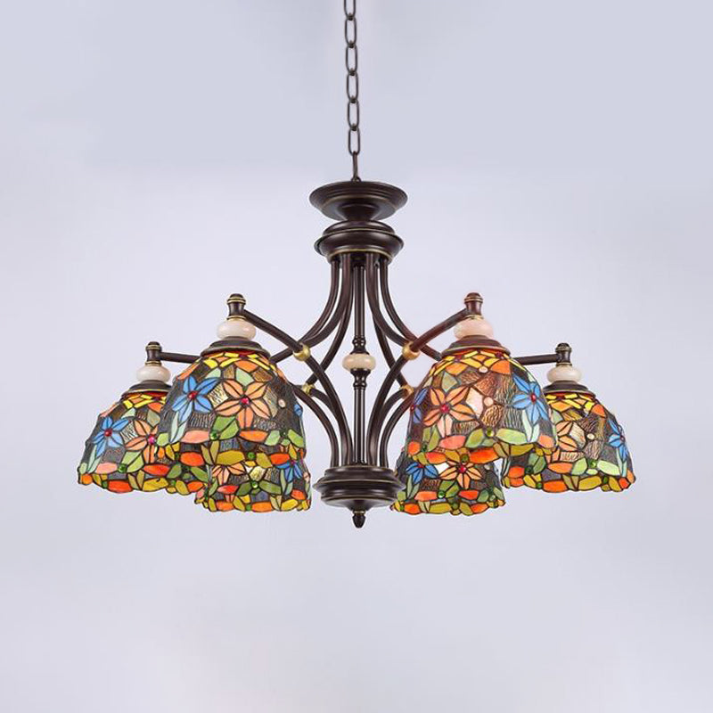 Flower Chandelier Lighting Mediterranean Stained Glass 3/5/8 Lights Black Hanging Lamp Kit for Living Room 6 Black Clearhalo 'Ceiling Lights' 'Chandeliers' 'Close To Ceiling Lights' 'Industrial' 'Middle Century Chandeliers' 'Tiffany Chandeliers' 'Tiffany close to ceiling' 'Tiffany' Lighting' 297060