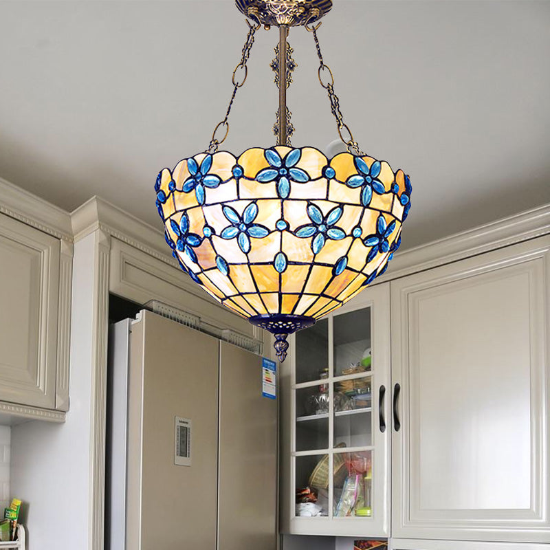 Flower Semi Flush Light Tiffany Style Shell 12"/14"/16" Wide 3 Lights Antique Brass Ceiling Fixture Antique Brass Clearhalo 'Ceiling Lights' 'Close To Ceiling Lights' 'Close to ceiling' 'Semi-flushmount' 'Tiffany close to ceiling' 'Tiffany' Lighting' 297097