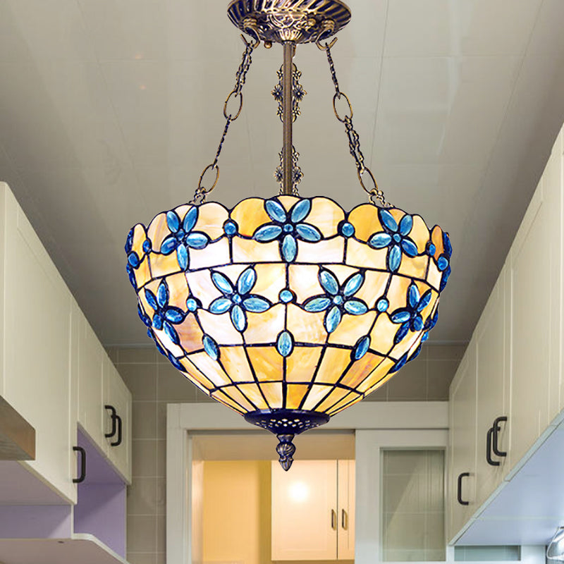 Flower Semi Flush Light Tiffany Style Shell 12"/14"/16" Wide 3 Lights Antique Brass Ceiling Fixture Clearhalo 'Ceiling Lights' 'Close To Ceiling Lights' 'Close to ceiling' 'Semi-flushmount' 'Tiffany close to ceiling' 'Tiffany' Lighting' 297098