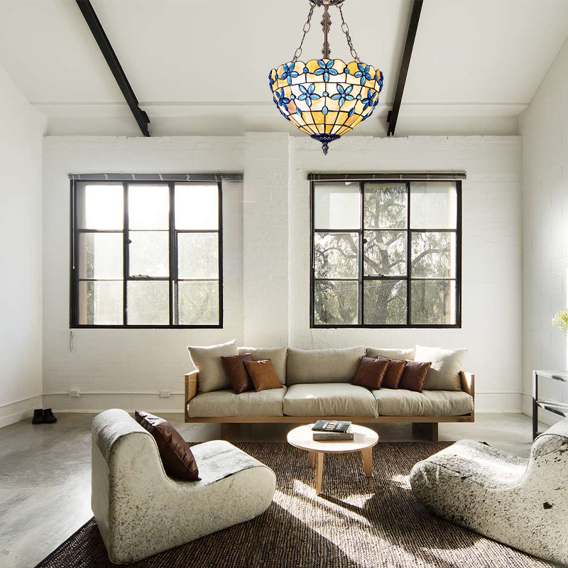 Flower Semi Flush Light Tiffany Style Shell 12"/14"/16" Wide 3 Lights Antique Brass Ceiling Fixture Clearhalo 'Ceiling Lights' 'Close To Ceiling Lights' 'Close to ceiling' 'Semi-flushmount' 'Tiffany close to ceiling' 'Tiffany' Lighting' 297099