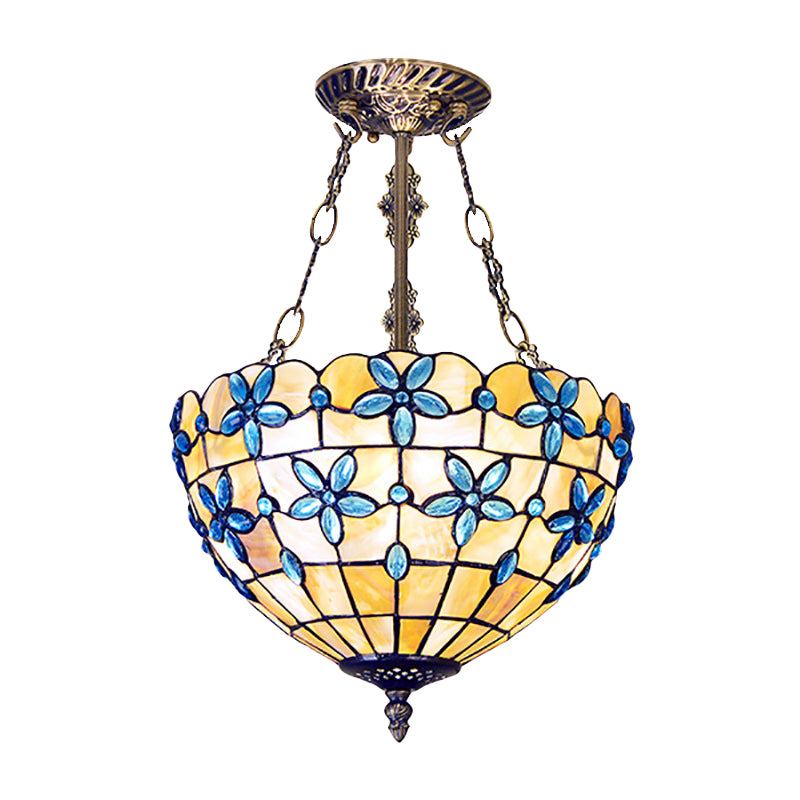 Flower Semi Flush Light Tiffany Style Shell 12"/14"/16" Wide 3 Lights Antique Brass Ceiling Fixture Clearhalo 'Ceiling Lights' 'Close To Ceiling Lights' 'Close to ceiling' 'Semi-flushmount' 'Tiffany close to ceiling' 'Tiffany' Lighting' 297100