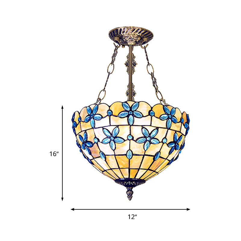 Flower Semi Flush Light Tiffany Style Shell 12"/14"/16" Wide 3 Lights Antique Brass Ceiling Fixture Clearhalo 'Ceiling Lights' 'Close To Ceiling Lights' 'Close to ceiling' 'Semi-flushmount' 'Tiffany close to ceiling' 'Tiffany' Lighting' 297101