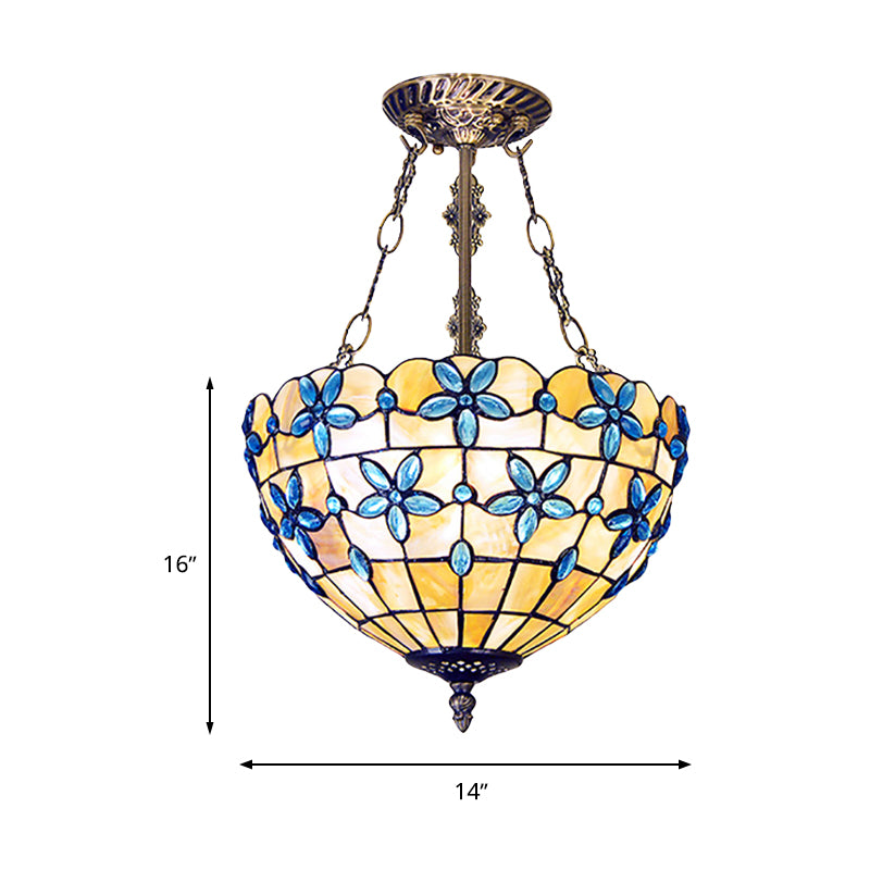 Flower Semi Flush Light Tiffany Style Shell 12"/14"/16" Wide 3 Lights Antique Brass Ceiling Fixture Clearhalo 'Ceiling Lights' 'Close To Ceiling Lights' 'Close to ceiling' 'Semi-flushmount' 'Tiffany close to ceiling' 'Tiffany' Lighting' 297102