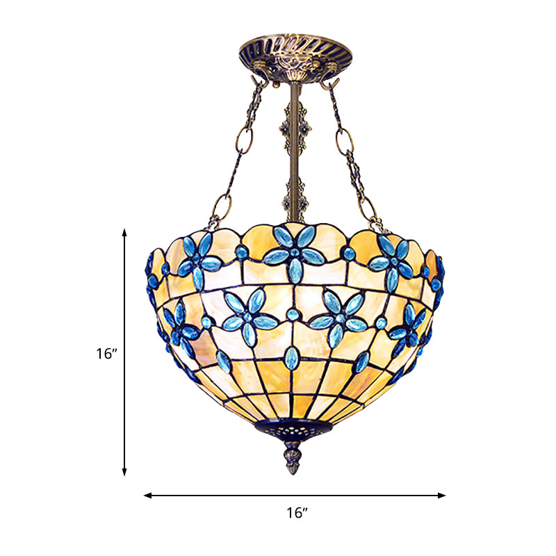 Flower Semi Flush Light Tiffany Style Shell 12"/14"/16" Wide 3 Lights Antique Brass Ceiling Fixture Clearhalo 'Ceiling Lights' 'Close To Ceiling Lights' 'Close to ceiling' 'Semi-flushmount' 'Tiffany close to ceiling' 'Tiffany' Lighting' 297103