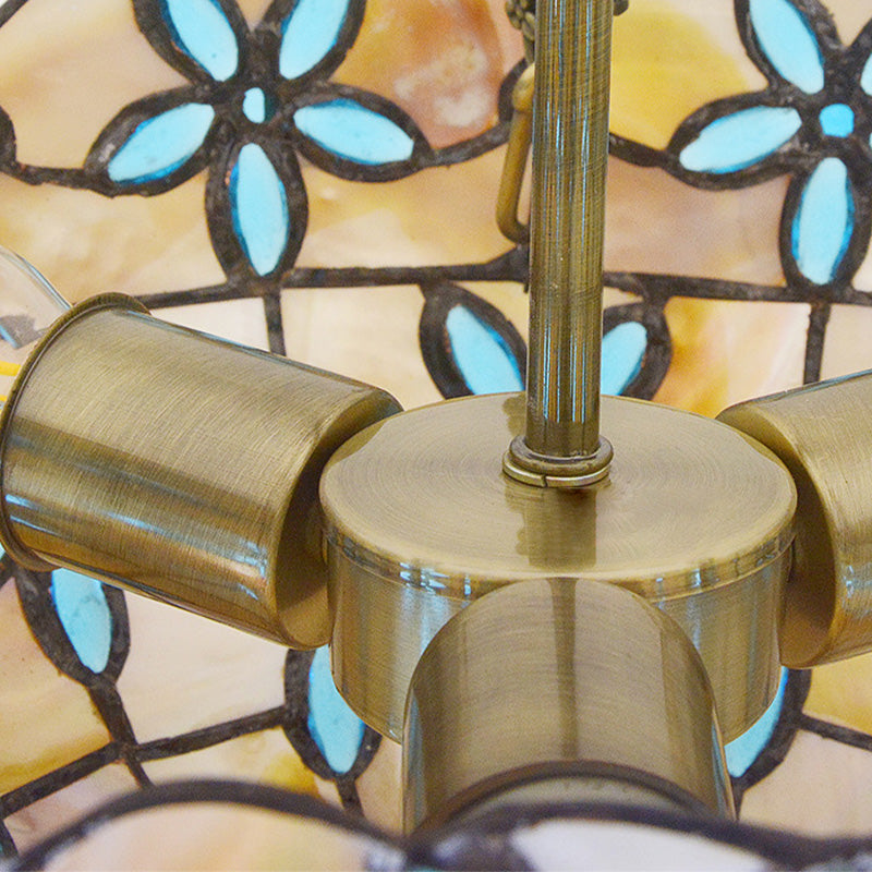 Flower Semi Flush Light Tiffany Style Shell 12"/14"/16" Wide 3 Lights Antique Brass Ceiling Fixture Clearhalo 'Ceiling Lights' 'Close To Ceiling Lights' 'Close to ceiling' 'Semi-flushmount' 'Tiffany close to ceiling' 'Tiffany' Lighting' 297104