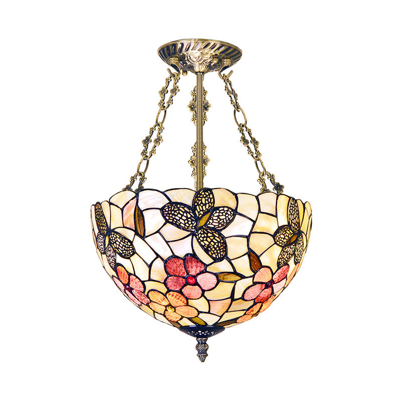 12"/16" W Flower Semi Mount Lighting 3 Lights Shell Victorian Ceiling Flush in Antique Brass with Dome Shade Clearhalo 'Ceiling Lights' 'Close To Ceiling Lights' 'Close to ceiling' 'Semi-flushmount' 'Tiffany close to ceiling' 'Tiffany' Lighting' 297117