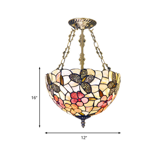 12"/16" W Flower Semi Mount Lighting 3 Lights Shell Victorian Ceiling Flush in Antique Brass with Dome Shade Clearhalo 'Ceiling Lights' 'Close To Ceiling Lights' 'Close to ceiling' 'Semi-flushmount' 'Tiffany close to ceiling' 'Tiffany' Lighting' 297118