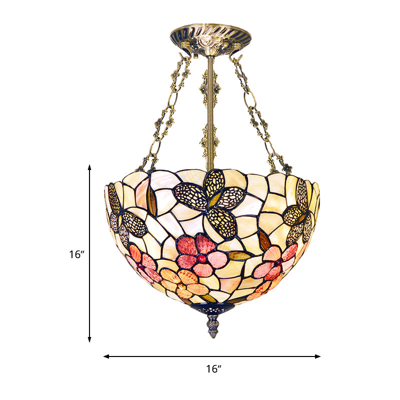 12"/16" W Flower Semi Mount Lighting 3 Lights Shell Victorian Ceiling Flush in Antique Brass with Dome Shade Clearhalo 'Ceiling Lights' 'Close To Ceiling Lights' 'Close to ceiling' 'Semi-flushmount' 'Tiffany close to ceiling' 'Tiffany' Lighting' 297119