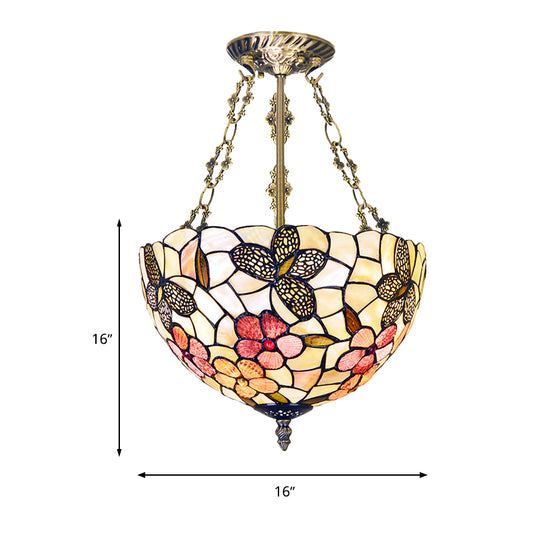 12"/16" W Flower Semi Mount Lighting 3 Lights Shell Victorian Ceiling Flush in Antique Brass with Dome Shade Clearhalo 'Ceiling Lights' 'Close To Ceiling Lights' 'Close to ceiling' 'Semi-flushmount' 'Tiffany close to ceiling' 'Tiffany' Lighting' 297119