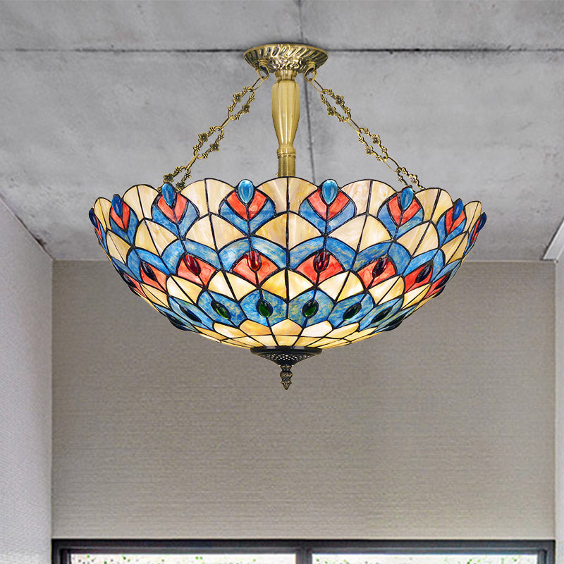 Stained Glass Antique Brass Semi Flush Mount Lighting Jeweled 4 Lights Tiffany Ceiling Light Fixture Antique Brass Clearhalo 'Ceiling Lights' 'Chandeliers' 'Close To Ceiling Lights' 'Close to ceiling' 'Glass shade' 'Glass' 'Semi-flushmount' 'Tiffany close to ceiling' 'Tiffany' Lighting' 297121