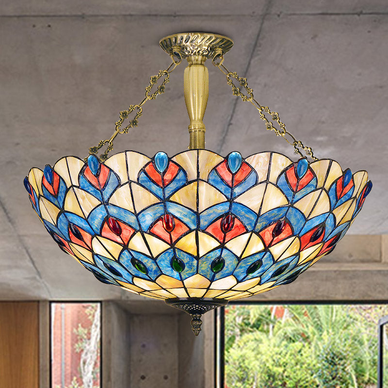 Stained Glass Antique Brass Semi Flush Mount Lighting Jeweled 4 Lights Tiffany Ceiling Light Fixture Clearhalo 'Ceiling Lights' 'Chandeliers' 'Close To Ceiling Lights' 'Close to ceiling' 'Glass shade' 'Glass' 'Semi-flushmount' 'Tiffany close to ceiling' 'Tiffany' Lighting' 297122